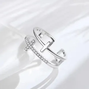 Elegant silver double cross open ring with micro-pave sparkling cubic zirconia