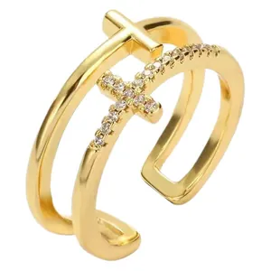 Minimalist gold plated double layer adjustable ring with sparkling pavé CZ double crosses