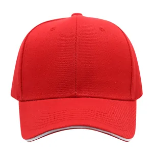Close-up of structured red baseball cap with white sandwich brim detail on front