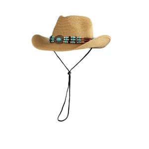 Westlicher Stroh-Cowboyhut mit Türkisperlenband und Sonnenschutz-Kinnriemen