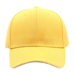 Detailed front view of a plain bright yellow baseball cap with fine visible stitching