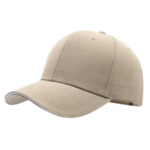 Side view of a khaki cotton baseball cap with curved brim and twill texture