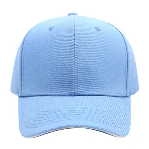 Detailed front view of a classic light blue baseball cap featuring a curved brim and twill fabric