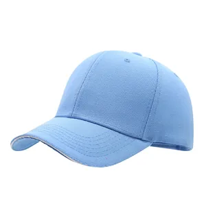 Close-up of light blue baseball cap with curved brim and white sandwich detail