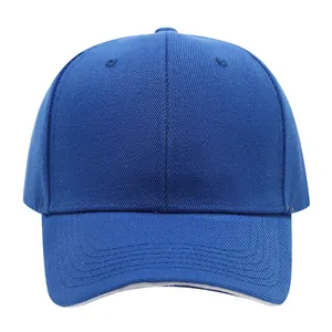 Front view detail of a classic royal blue baseball cap with durable twill cotton texture