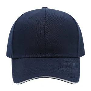 Detailed front view of a navy blue six-panel baseball cap with white sandwich brim