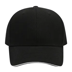 Close-up view of a classic black baseball cap with white sandwich brim detail