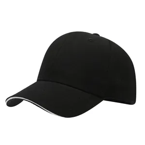 Detailed view of a classic black baseball cap featuring a white sandwich brim piping