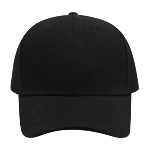 Macro detail view of a plain black structured six-panel baseball cap with curved brim