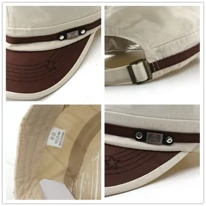 Vues détaillées d'une casquette militaire plate pour homme beige et marron avec étoile brodée