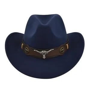 Navy blue western cowboy hat with a brown decorative band and silver bull head emblem.