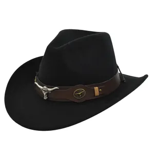 Detailed view of vintage black wool fedora hat featuring a decorative bull head leather band