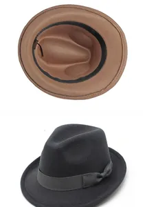 Detailed view of vintage felt fedora hats with bow accent and roll-up brim design.