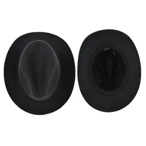 Close-up detail showing the top and interior structure of a black wool fedora hat