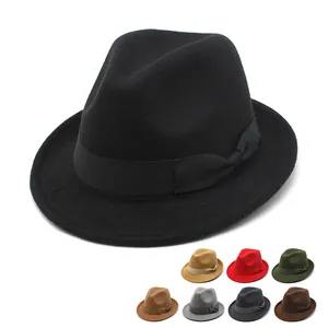 Vintage British Style Fedora Hat For Men Women Polyester Solid Color Bowknot Decor Retro Jazz Gentleman Hat Winter Warm Accessory