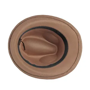 Classic vintage brown wool fedora hat featuring an interior view with black sweatband