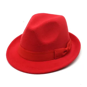 Elegant red British style felt fedora jazz hat with bow tie ribbon for men and women