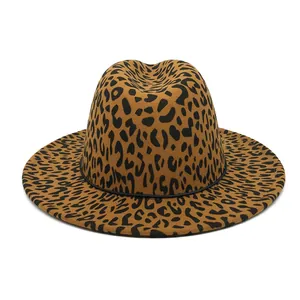 Detailed view of leopard print wide brim jazz hat featuring a black decorative band.