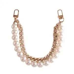 Elegant faux pearl and chunky gold curb chain bag strap with lobster clasps for handbags