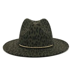 Detailed front view of an army green leopard print felt fedora with a gold metallic ring