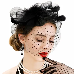 Vintage Feather Fascinator Headpiece With Polka Dot Mesh Veil And Gloves Set Elegant Wedding Party Bridal Hair Clip Hat Accessories