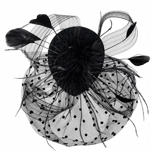 Elegant black bridal fascinator with feathers and polka dot mesh veil headpiece decor
