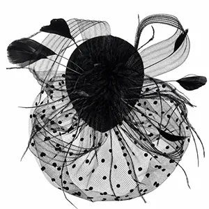 Elegante tocado de novia negro con plumas y velo de rejilla de lunares para el cabello