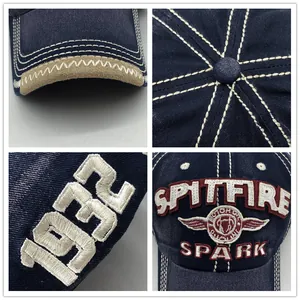 Gewassen katoenen baseballpet in marineblauw met SPITFIRE en SPARK borduursels