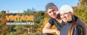 Couple wearing vintage washed pure cotton baseball caps in an outdoor autumn setting