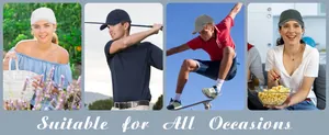 Washed cotton baseball caps shown in various lifestyle and outdoor sports scenes.