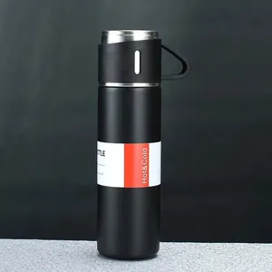 Schwarze Edelstahl-Vakuumflasche mit tragbarem Griffdeckel für heiße und kalte Getränke