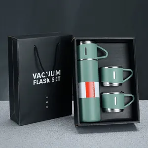 Vakuum-Isolierflaschen-Geschenkset mit drei Tassen in elegantem Grün und schwarzer Box