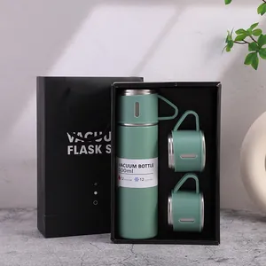 Elegantes grünes Vakuum-Flaschen-Set aus Edelstahl mit drei Deckeln in Geschenkbox