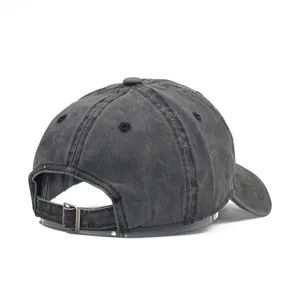Back view of a black washed distressed cotton baseball cap with adjustable metal buckle