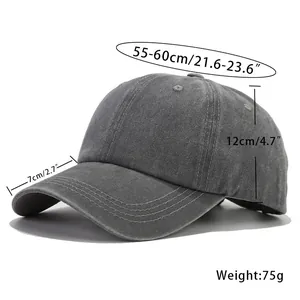 Washed distressed grey baseball cap showing head circumference and weight details