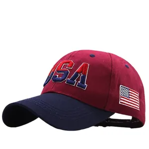 Classic USA embroidered baseball cap with American flag patch in burgundy and navy