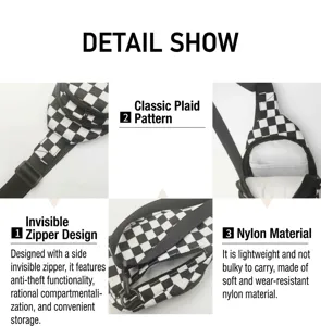 Detail view of the checkered nylon chest bag highlighting zipper and material quality.