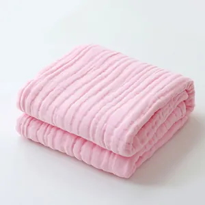 Soft pink multi-layer cotton gauze baby blanket with breathable wrinkled texture
