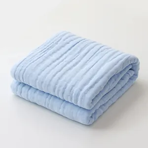 High-quality soft multi-layer light blue cotton gauze baby blanket for newborns