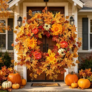 Detail of autumn wreath featuring maple leaves, pumpkins, and flowers for Thanksgiving decor.
