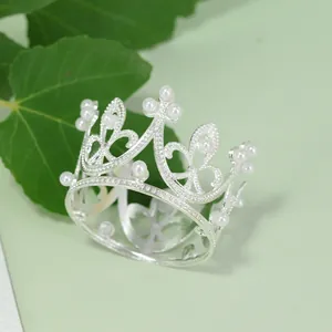 Elegant silver mini alloy crown cake topper with faux pearl decorations for wedding party