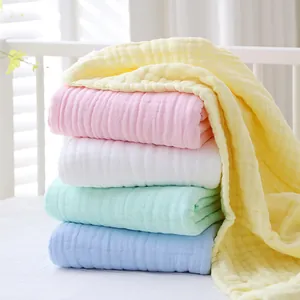 Detail of soft multi-color cotton gauze baby blankets with crinkled muslin texture