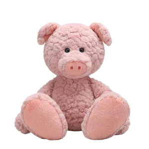 Adorable soft pink pig plush toy with curly fur, sitting pose, cute stuffed animal doll