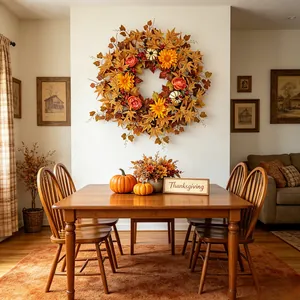Autumn maple leaf wreath with pumpkins and flowers for Thanksgiving wall decor