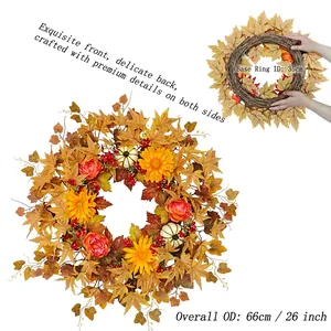 Detailed 26-inch autumn harvest wreath with maple leaves pumpkins and sunflowers