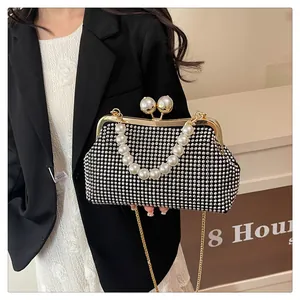 Elegant black rhinestone evening clutch bag with pearl handle and chain strap