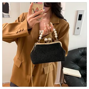Elegant black rhinestone evening clutch bag with pearl handle and detachable gold chain strap