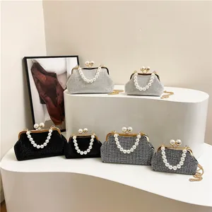 Luxury Rhinestone Shell Evening Bag For Women With Artificial Pearl Handle Elegant Pleated Clutch Purse Party Wedding Shoulder Crossbody Bag