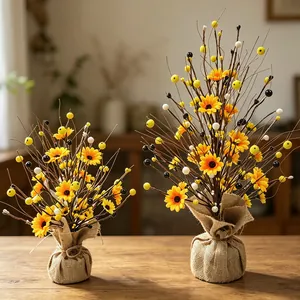 Arbres de marguerites et baies artificiels avec base en toile pour décor rustique.
