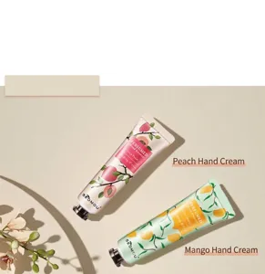 Nourishing moisturising hand cream set with peach and mango fruit scents in tubes